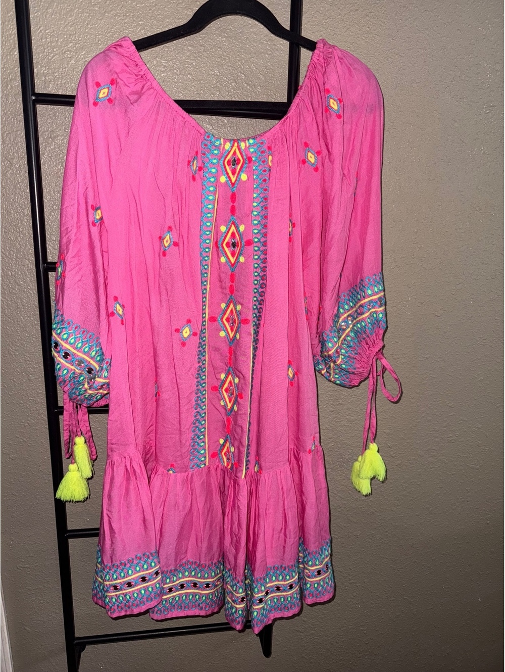 Pranella Women’s One Size Pink Embroidered Boho Tunic Dress Tassel Sleeve